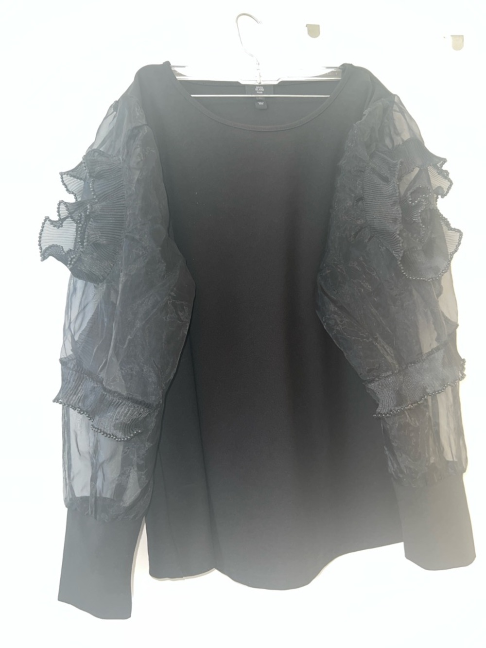 River Island Black Top with Sheer Ruffle Puff Sleeves
